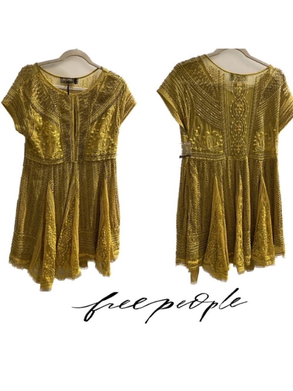 Free People Mustard Beaded And Embroidered Dress scoop neck size XS
